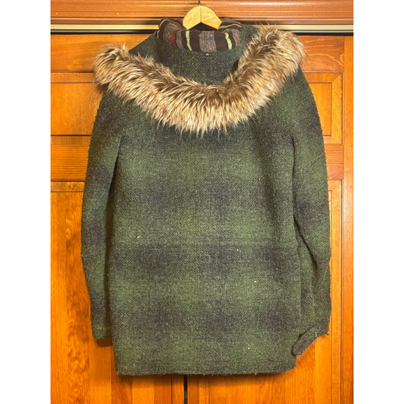 Artisan de Luxe Coat Toggle Closure Faux Fur Hood Multi Pocket Green/Brown M M - Picture 6 of 16
